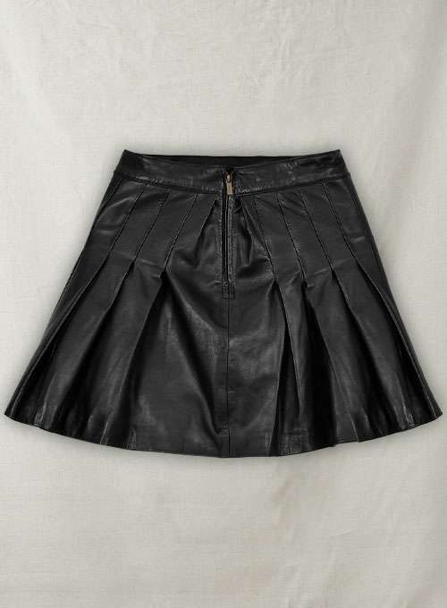 Black Pleated A-Line Leather Skirt with Exposed Waist Zip